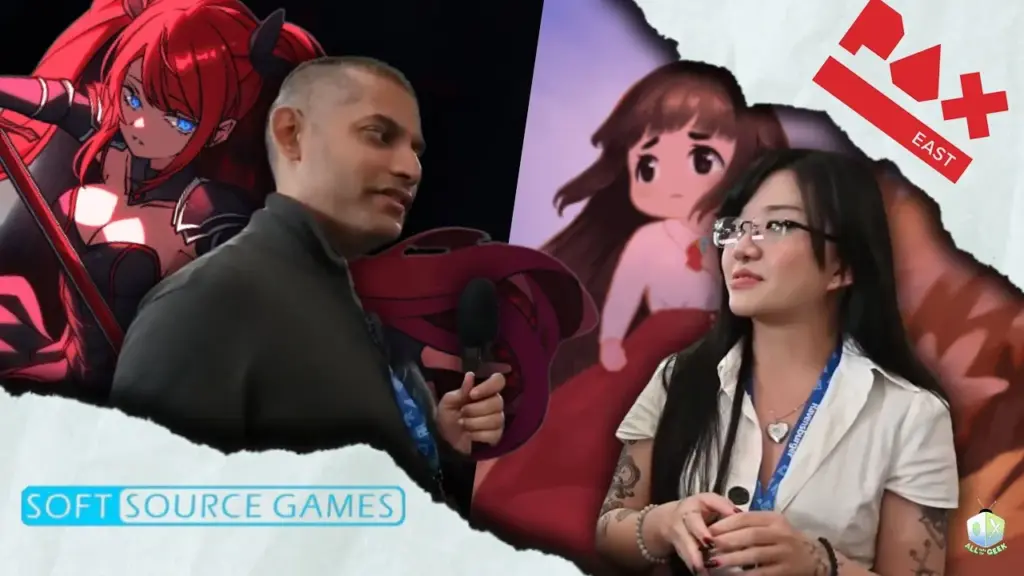 Interviewer speaks with a woman at PAX East in front of anime-style game art, with “Soft Source Games” text visible on screen.