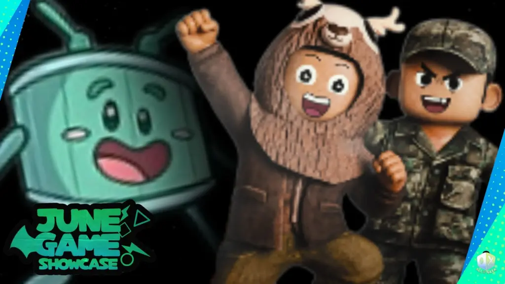 Promotional image for the June Game Showcase from All Ages of Geek featuring a smiling green robot character beside two stylized characters, one wearing a sloth costume and the other dressed in camouflage. The June Game Showcase logo appears in the lower left corner against a dark space-themed background with blue and green graphic accents along the sides.