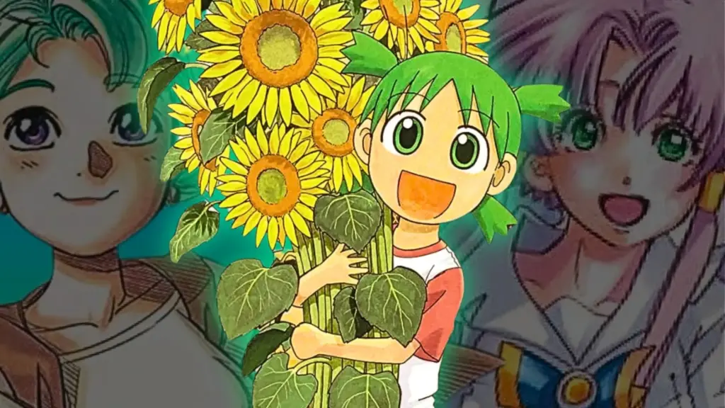 Collage featuring manga characters surrounded by bright sunflowers, including a smiling green-haired child holding a large bouquet in the center. The image highlights relaxing, slice-of-life manga and summer-themed reading recommendations with warm colors and cheerful artwork.