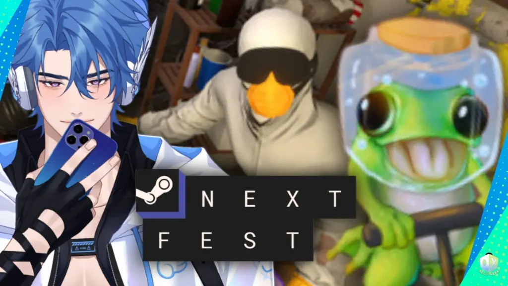 Promotional image for Steam Next Fest June 2026 featuring the Steam Next Fest logo in the center, surrounded by several indie game characters and scenes. On the left is a blue-haired anime-style character holding a smartphone, while the right side shows a bright green frog-like creature inside a glass jar. Additional game visuals appear in the background, including a figure wearing sunglasses and a white outfit. The All Ages of Geek logo appears in the bottom-right corner.